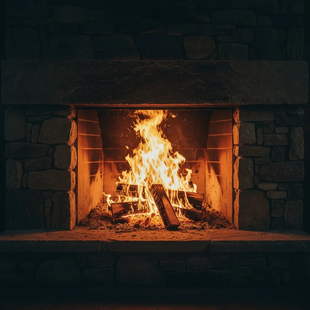 Chimenea de piedra y ladrillo con leña encendida