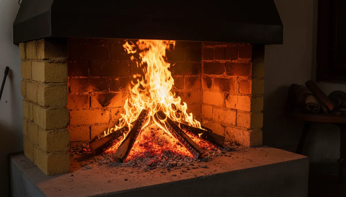 Estufa tradicional abierta de ladrillo con campana y cenizas en el hogar